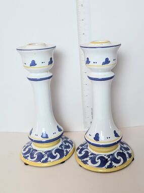 Herend White Ceramic Candle Holders with Blue and Yellow Accents - Pair